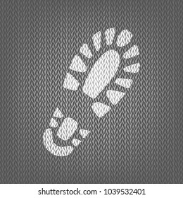 Footprint boot sign. Vector. White knitted icon on gray knitted background. Isolated.