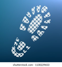 Footprint boot sign. Vector. White textured icon at lapis lazuli gradient background.