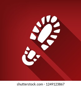 Footprint boot sign. Vector. White icon with limitless shadow at ruby red background.