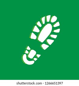 Footprint boot sign. Vector. White flat icon with yellow striped shadow at green background.