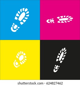 Footprint boot sign. Vector. White icon with isometric projections on cyan, magenta, yellow and black backgrounds.