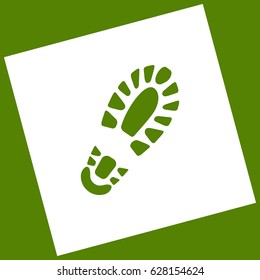 Footprint boot sign. Vector. White icon obtained as a result of subtraction rotated square and path. Avocado background.