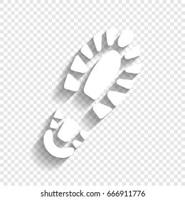 Footprint boot sign. Vector. White icon with soft shadow on transparent background.