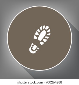 Footprint boot sign. Vector. White icon on brown circle with white contour and long shadow at gray background. Like top view on postament.