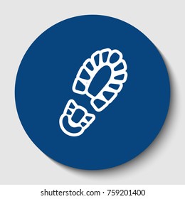 Footprint boot sign. Vector. White contour icon in dark cerulean circle at white background. Isolated.
