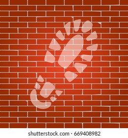 Footprint boot sign. Vector. Whitish icon on brick wall as background.