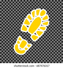 Footprint boot sign. Vector. Yellow icon with white contour on dark transparent background.