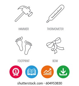 Footprint, bow and thermometer icons. Hammer linear sign. Award medal, growth chart and opened book web icons. Download arrow. Vector