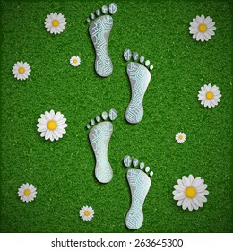 Footprint with a chip on the surface of the grass. Vector image.