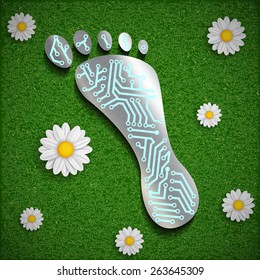 Footprint with a chip on the surface of the grass. Vector image.