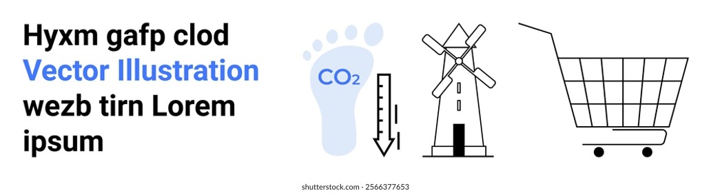 Footprint and CO2 symbol to suggest environmental impact and sustainability a windmill to denote renewable energy and a shopping cart indicating consumerism. Ideal for sustainability eco-friendliness