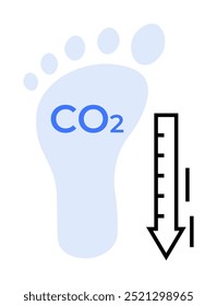 Footprint with CO2 text and a downward arrow next to it. Ideal for carbon emissions, sustainability, eco-friendly practices, environmental awareness, climate change. Simple vector style.