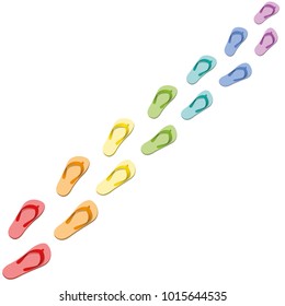 Footprint - colorful flip flop track on the way to a happy summer holiday - isolated vector illustration on white background.