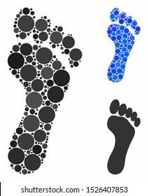 Footprint composition for footprint icon of filled circles in different sizes and shades. Vector filled circles are united into blue illustration. Dotted footprint icon in usual and blue versions.