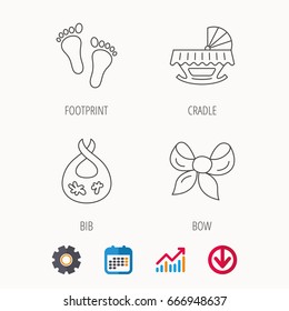 Footprint, cradle and dirty bib icons. Bow linear sign. Calendar, Graph chart and Cogwheel signs. Download colored web icon. Vector