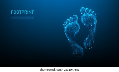 footprint digital technology on blue drak background. biometric identity protection. investigations and traces track chip foot. foot low poly wireframe. vector illustration fantastic hi tech.