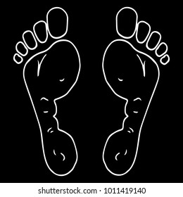 Footprint with fingers. Man's bare feet. Human sole. Vector illustration.  White silhouette of a footprint on a black background.
