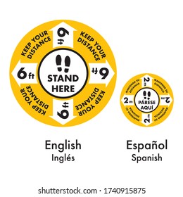 Footprint, floor graphic, social distance, floor sticker, keep distance, stand here, floor marking, steps on the floor, order in line, wait here, protection against coronavirus covid19, spanish