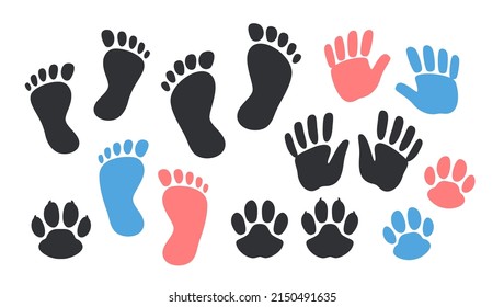 Footprint, handprint black silhouette. Cat and dog paw print symbol, Icon set vector illustration