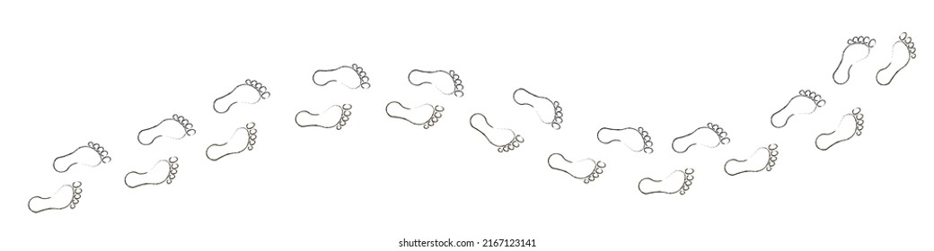 Footprint of a human foot, path with footprints. Background of bare human legs isolated cartoon illustration, repeating wallpaper. Freehand outline black ink сloseup top view for apps, printe, website