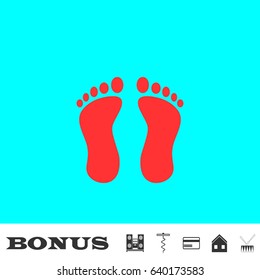 Footprint icon flat. Red pictogram on blue background. Vector illustration symbol and bonus buttons Music center, corkscrew, credit card, house, drum