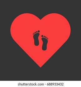 Footprint icon flat. Simple pictogram on heart background. Vector illustration symbol