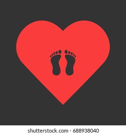 Footprint icon flat. Simple pictogram on heart background. Vector illustration symbol