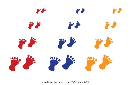 Footprint icon. Human footprints illustration. Childlike design of multiple pairs of footprints. Track walking icon.