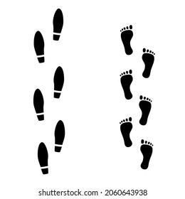 Footprint icon isolated on white background. Prints of bare feet and men shoes are monochrome.