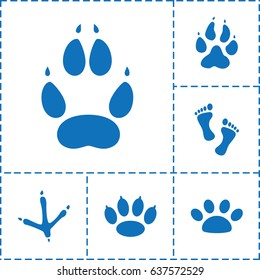 Footprint icon. set of 6 footprint filled icons such as animal paw, footprint of  icobird, paw