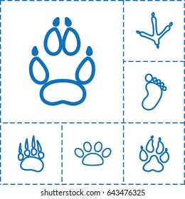 Footprint icon. set of 6 footprint outline icons such as animal paw, footprint of  icobird, foot print