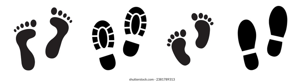 Footprint icon set. Barefoot footprints, shoe prints, child's footprints. Adults and children's steps - stock vector.