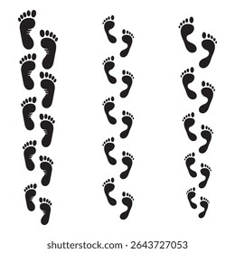 Footprint icon set. Barefoot footprints, shoe prints, child's footprints. Adults and children's steps - stock vector. 