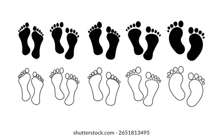 Footprint icon set. Barefoot footprints, shoe prints, child's footprints. Adults and children's steps - stock. vector.