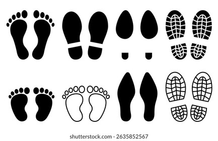 Footprint icon set. Human footsteps label sign. Stand here, keep your distance, wait here, queue up, waiting enter, barefoot logo, badge, symbol, black, line, flat vector, isolated on white background