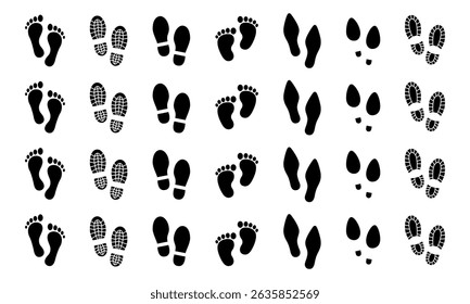 Footprint icon set. Human footsteps label sign. Stand here, keep your distance, wait here, queue up, waiting enter, barefoot logo, badge, symbol, black, line, flat vector, isolated on white background
