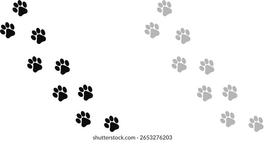 footprint icon set, paw print icons in different style, cute animal track Isolated design vector illustration on black, gray, gray brown and white background.