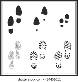 Footprint icon. Vector family shoe step print set: female, male, mom, dad, kid. high heels, sports running shoes, skating footwear, classic shoes, child footprints, boots print. Isolated illustration 