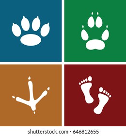Footprint icons set. set of 4 footprint filled icons such as footprint of  icobird, animal paw, foot