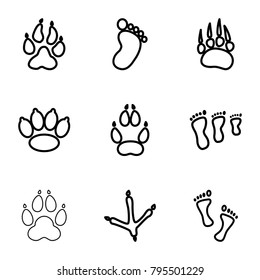 Footprint icons. set of 9 editable outline footprint icons such as animal paw, foot print, paw