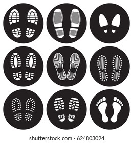 Footprint icons set. White on a black background