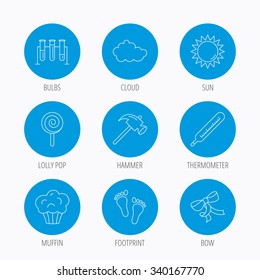 Footprint, lab bulbs and thermometer icons. Muffin, bow and lolly pop linear signs. Cloud and sun flat line icons. Blue circle buttons set. Linear icons.