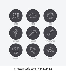 Footprint, lab bulbs and thermometer icons. Muffin, bow and lolly pop linear signs. Cloud and sun flat line icons. Linear icons in circle buttons. Flat web symbols. Vector