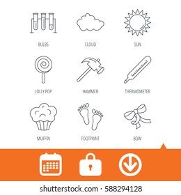 Footprint, lab bulbs and thermometer icons. Muffin, bow and lolly pop linear signs. Cloud and sun flat line icons. Download arrow, locker and calendar web icons. Vector