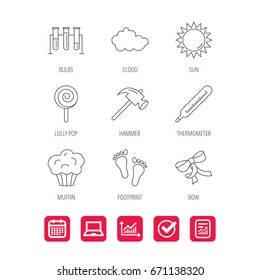 Footprint, lab bulbs and thermometer icons. Muffin, bow and lolly pop linear signs. Cloud and sun flat line icons. Report document, Graph chart and Calendar signs. Laptop and Check web icons. Vector