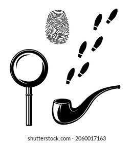 Footprint, magnifying glass, fingerprint and smoking pipe. Black and white illustrations of detective attributes. Vector set is isolated on white background.