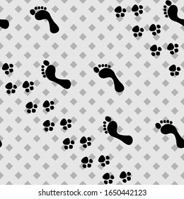 Footprint man, animal, bird seamless pattern. Imprint on white background. Fashion graphic design. Modern abstract texture. Monochrome template for prints, wrapping, wallpaper. Vector illustration