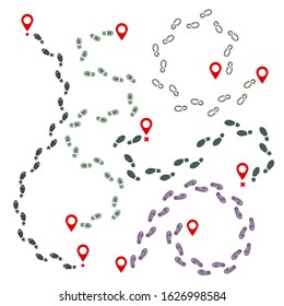 Footprint map marks. Footprints paths navigation, map outdoor pathways, shoes trails or sneakers boots ways vector graphics, funny trekking