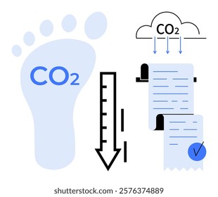 A footprint marked with CO2 a downward-pointing thermometer and billowing receipts with a checkmark. Ideal for environmental awareness climate change carbon footprint reduction carbon emission