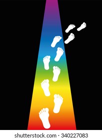 Footprint on a rainbow colored trail is leaving into darkness. Vector illustration.